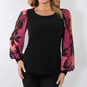 Frank Lyman Design Black Top with Floral Sleeves